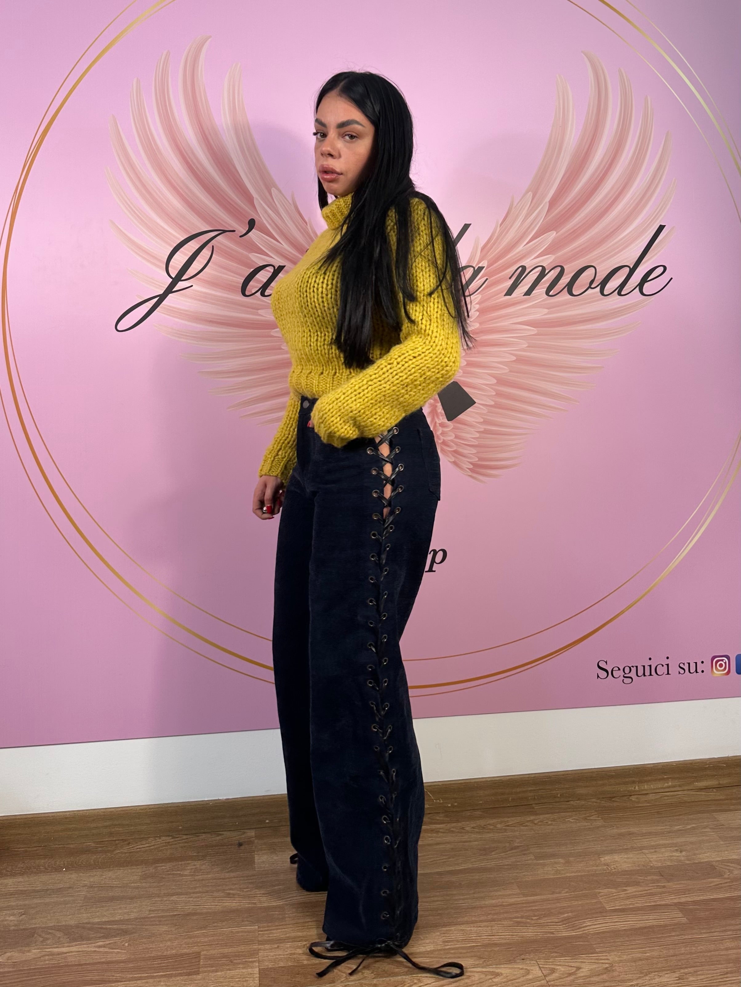 Pantalone velluto stringhe blu