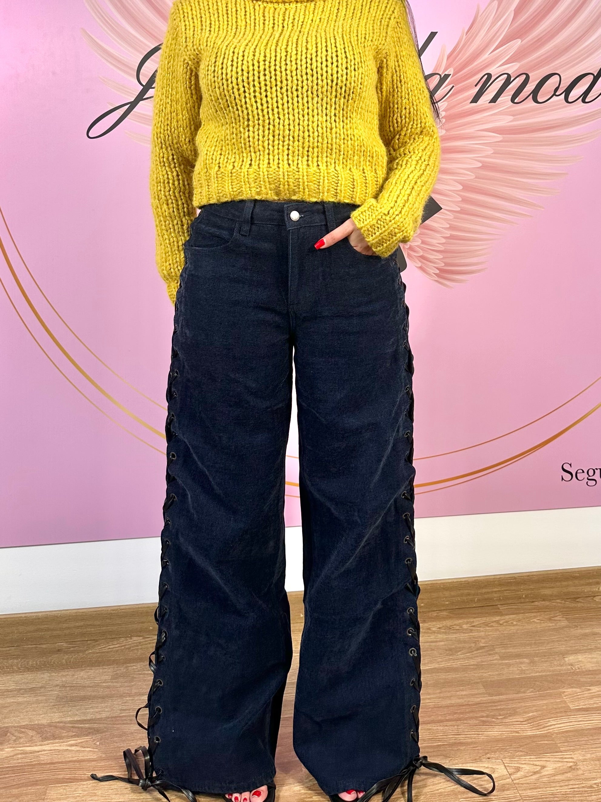 Pantalone velluto stringhe blu