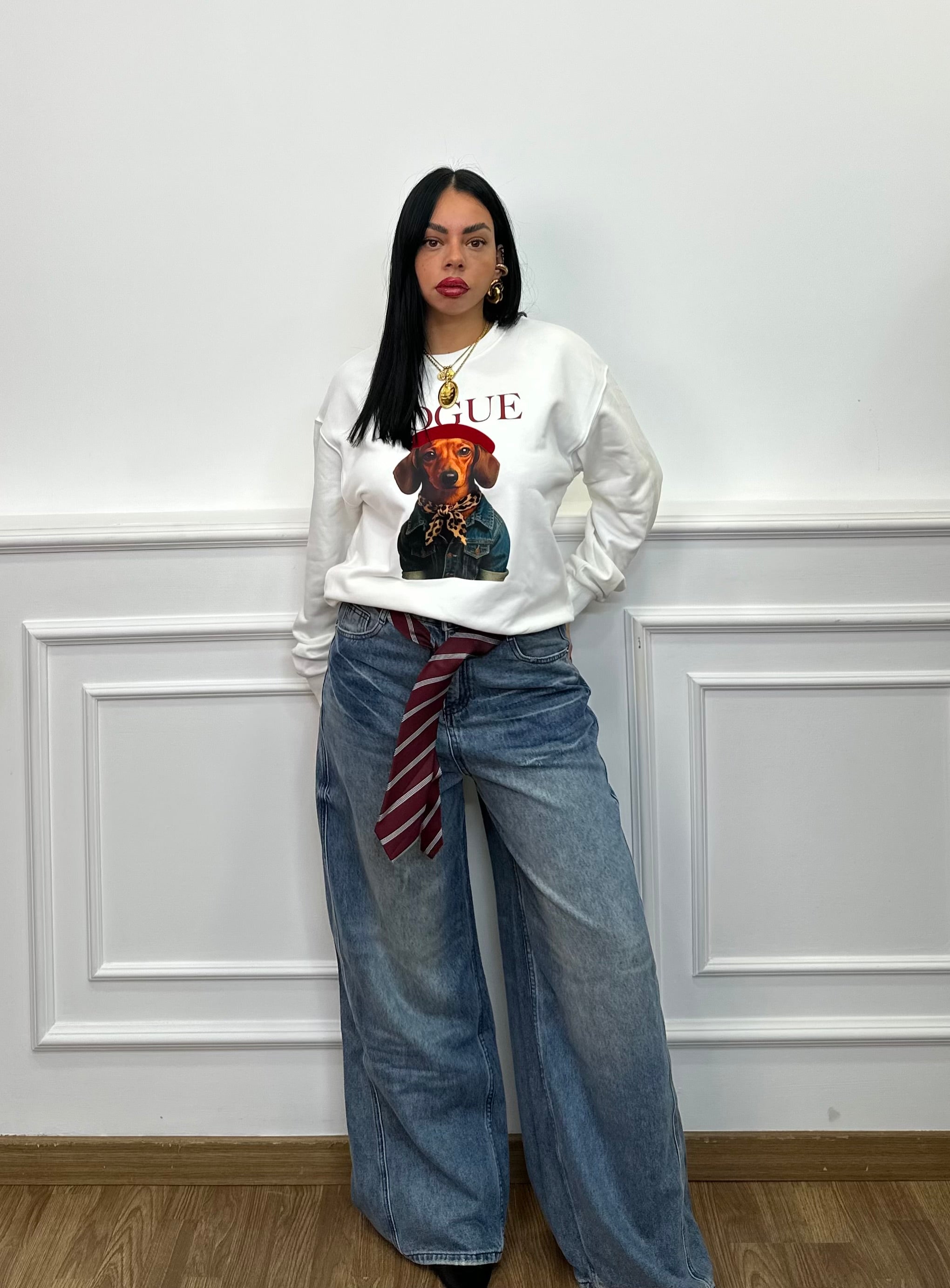 Jeans gamba larga cravatta